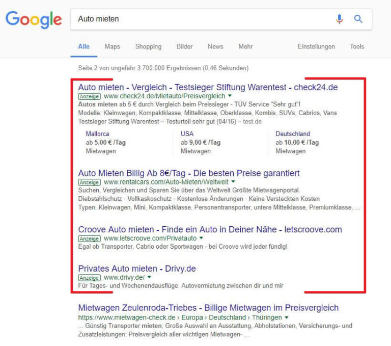 Suchmaschinenwerbung: Keyword "Auto mieten"