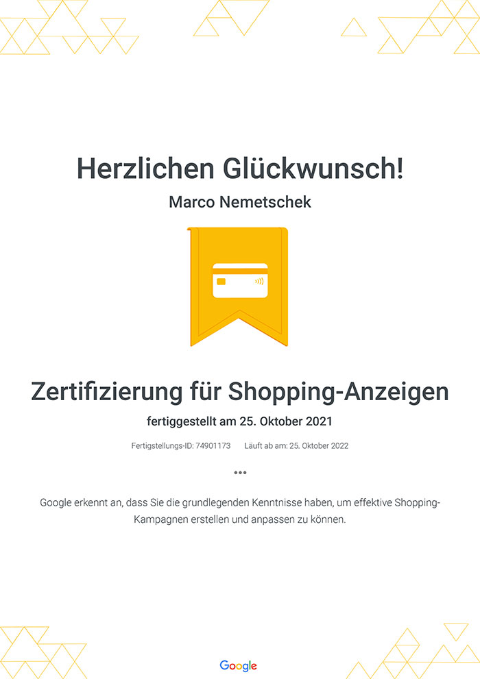 Zertifizierung Shopping Anzeigen - Marco Nemetschek