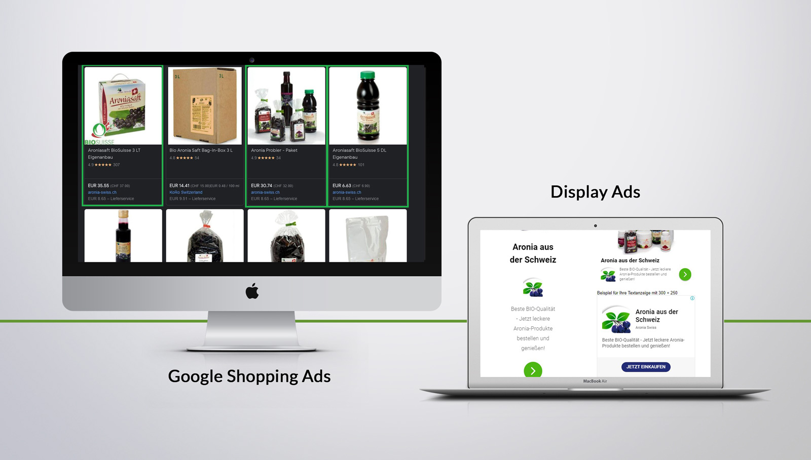 SEA: Google Shopping & Display Ads Kampagnen für den Kunden: Aronia Swiss GmbH - OnlineMarketing Heads Referenz