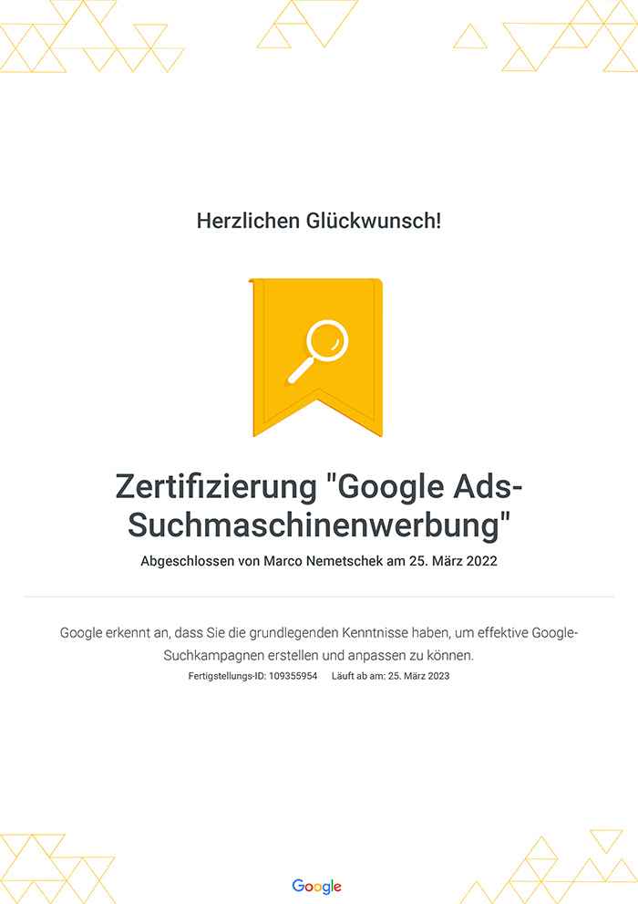 Zertifizierung "Google Ads-Suchmaschinenwerbung" - Marco Nemetschek