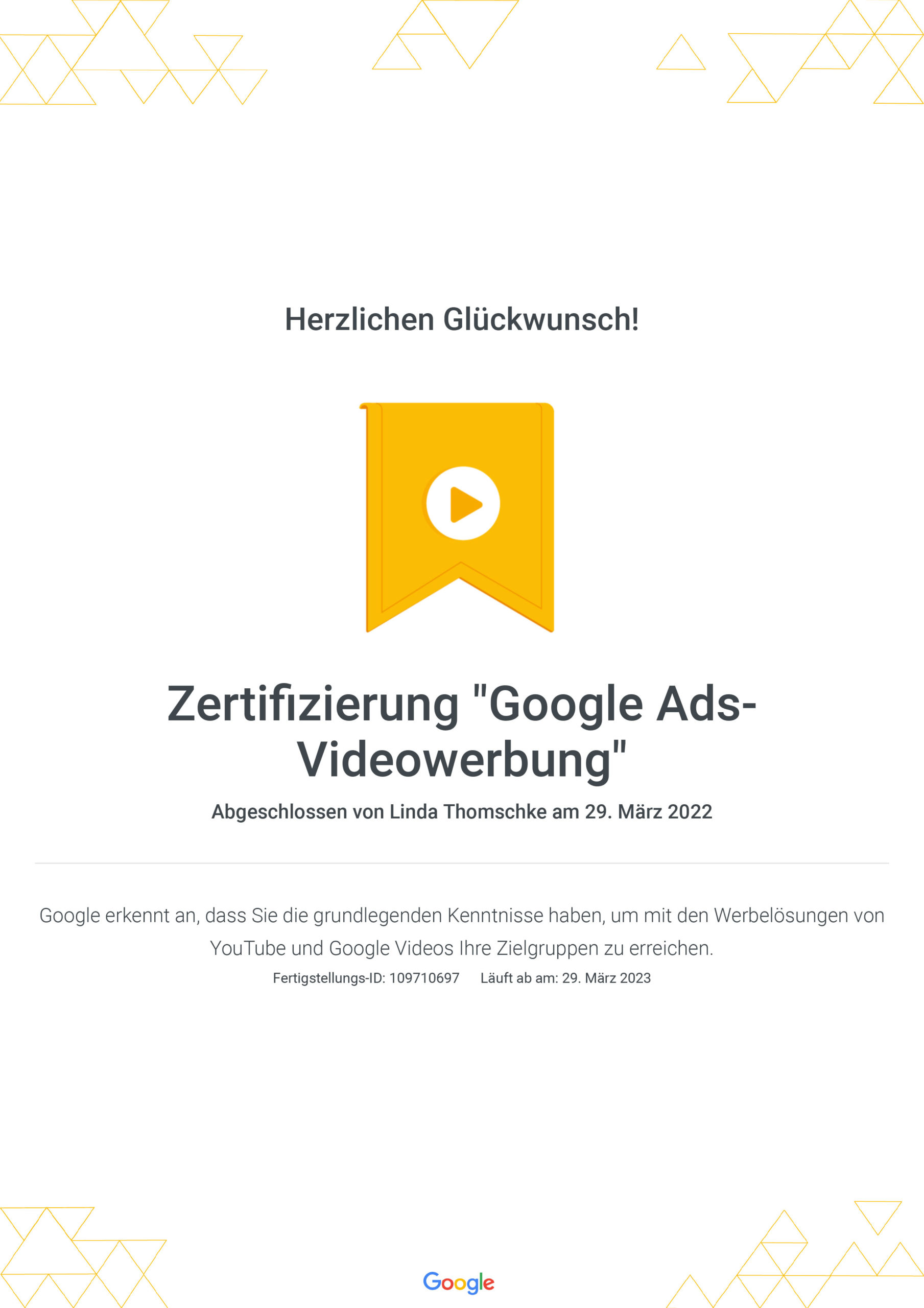Google-Ads-Zertifizierung "Videokampagnen" - Linda Thomschke