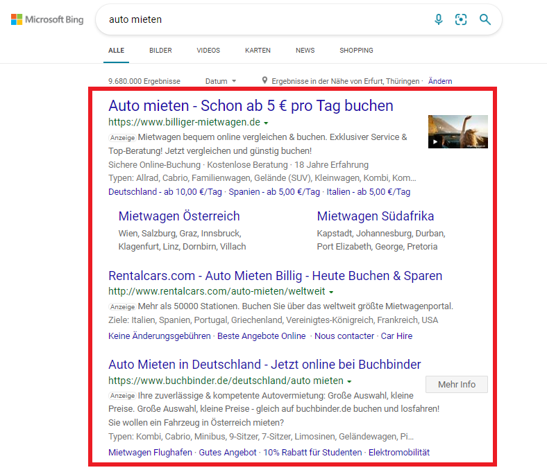 Suchmaschinenwerbung Bing - Keyword "Auto mieten"