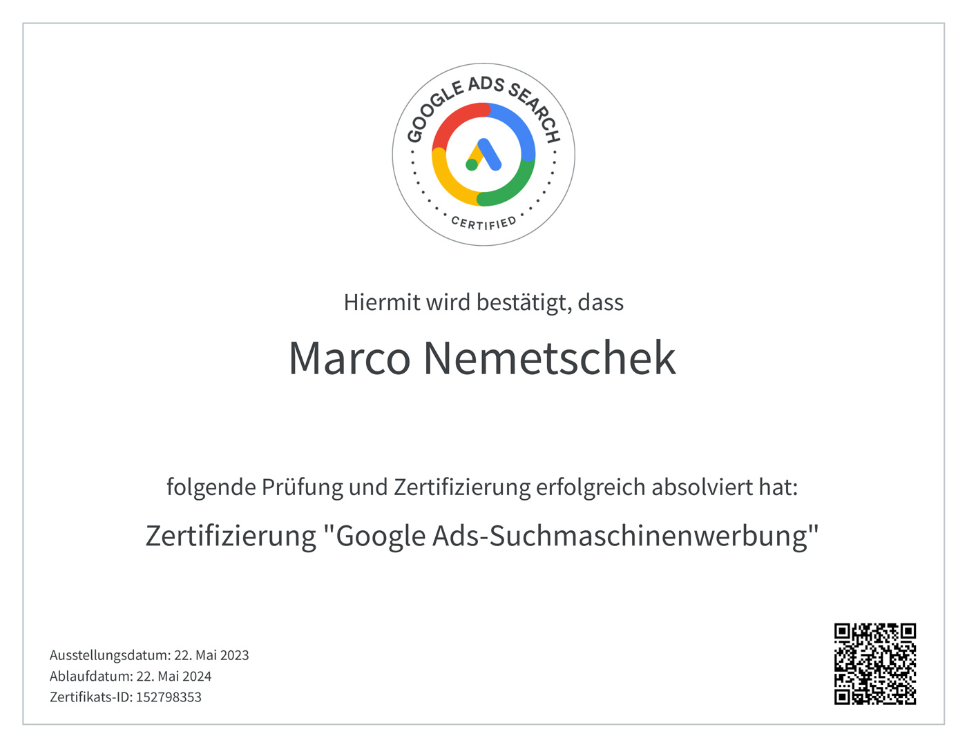 Zertifizierung "Google Ads-Suchmaschinenwerbung" 2023 - Marco Nemetschek