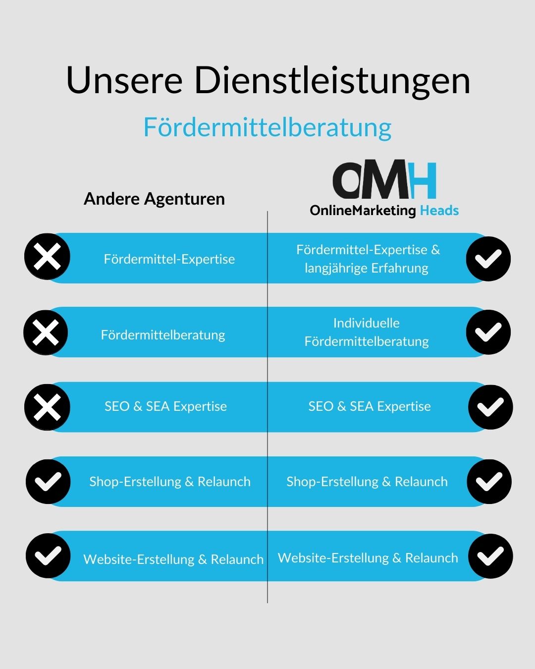 Dienstleistungen und Fördermittelberatung der OnlineMarketing Heads